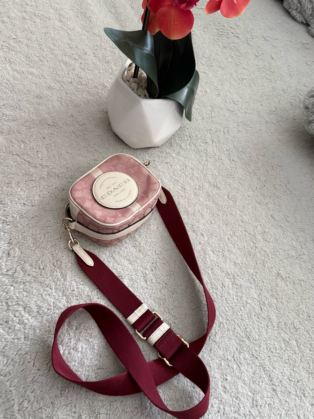 Coach Pink Signature Canvas Crossbody with Burgundy Strap - Picture 9 of 10
